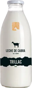 Botella de vidrio de Leche de Cabra Trillac con tapa blanca y etiqueta con la cabra