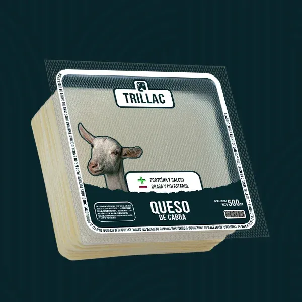Empaque al vacío del Queso de Cabra Trillac de 500 g, con una cabra en la etiqueta